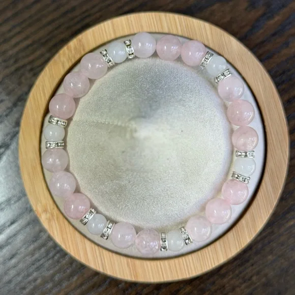 Rose Quartz and White Jade Bracelet Stretchy Calming Love Keepsake Wedding Favor - Picture 2 of 4